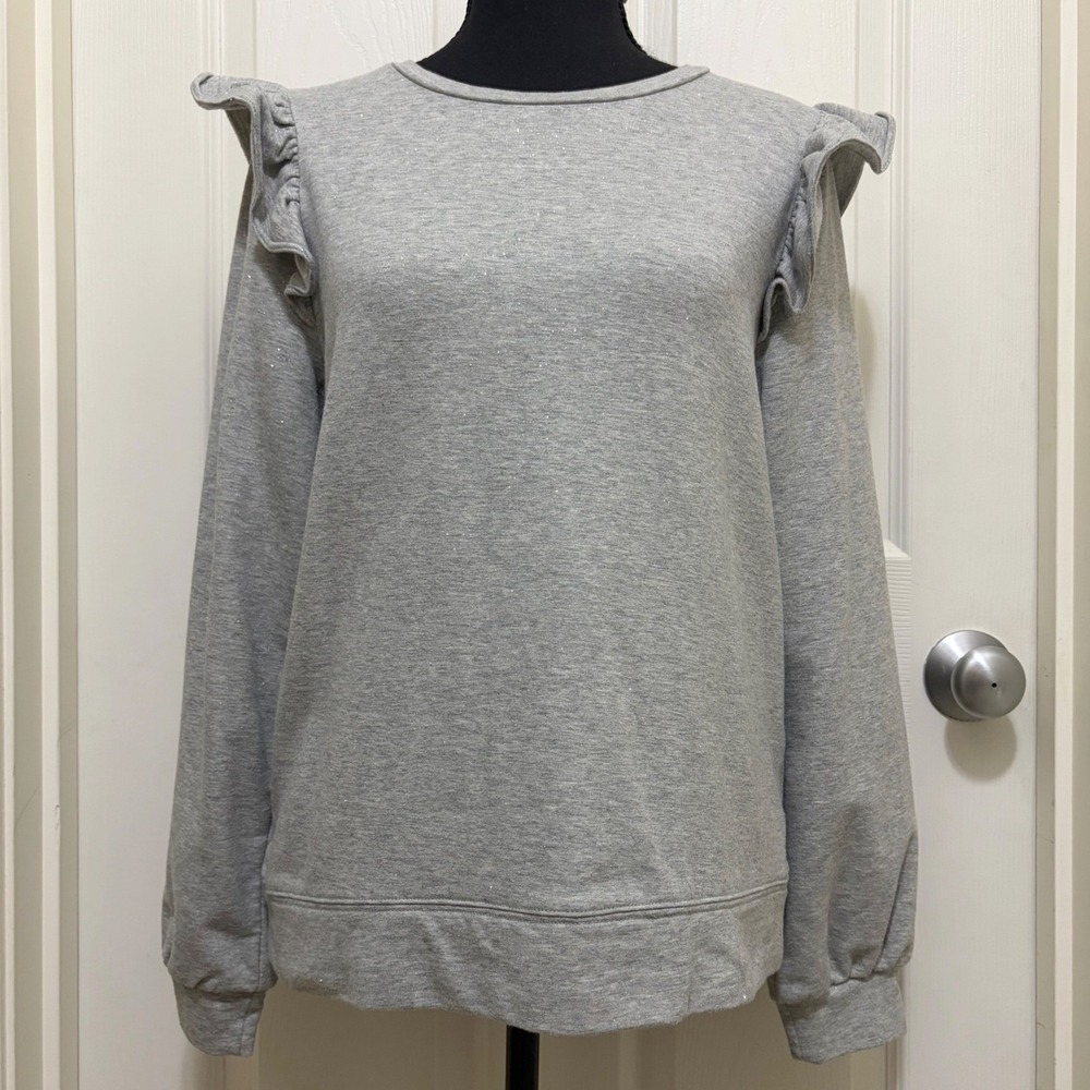 J.Crew Glittery Pullover Sweatshirt Ruffles Gray Small Sparkle Casual Chic Glam